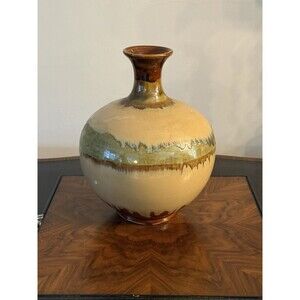 Large Handmade Pottery Glazed Earth Tone Drip Glaze Vase Table Centerpiece